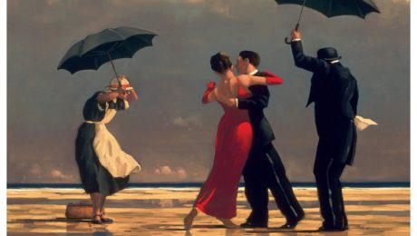 quadro di coppia che balla sotto la pioggia